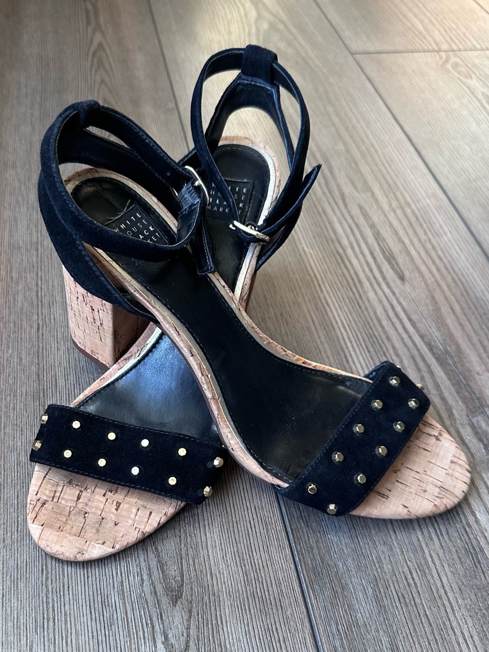 White House Black Market Cork Block Heel Sandals Studded Black Size 7.5 EUC